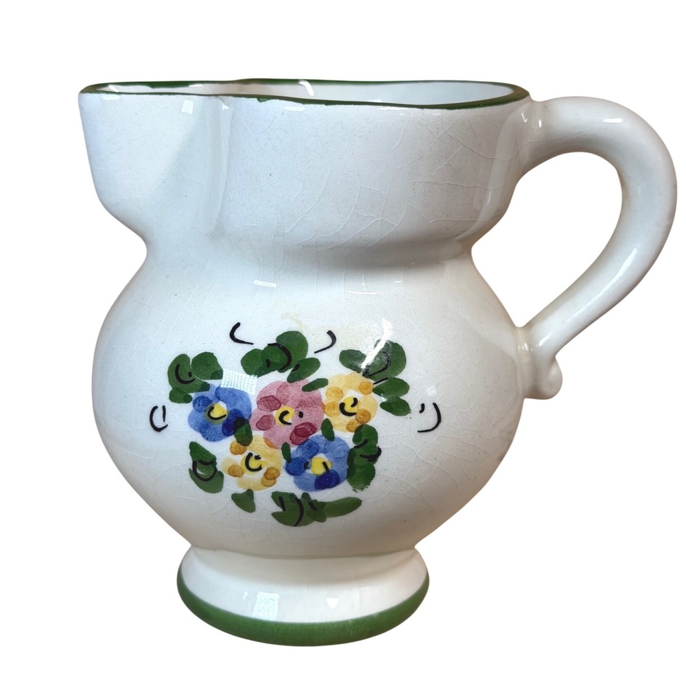 Vintage Hand Painted Floral Ceramic Pitcher Creamer White Green Trim CrazedGlaze